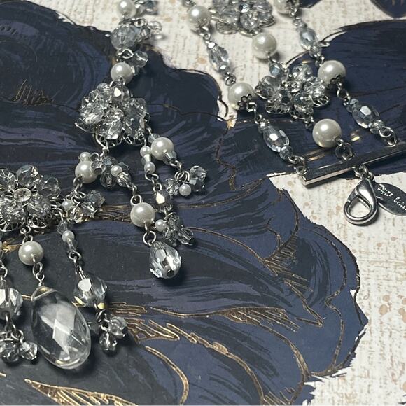 Estate WHBM Silver Crystal Flower and Faux Pearl Necklace and Bracelet Set - Picture 9 of 16